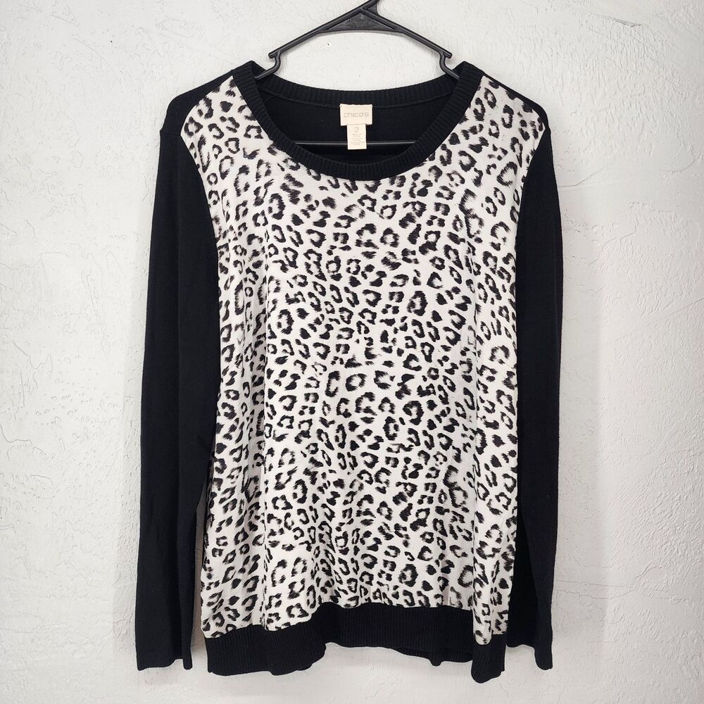 Chico's Black Animal Print Long Sleeve‎ Shirt Top Blouse Size 2 Large